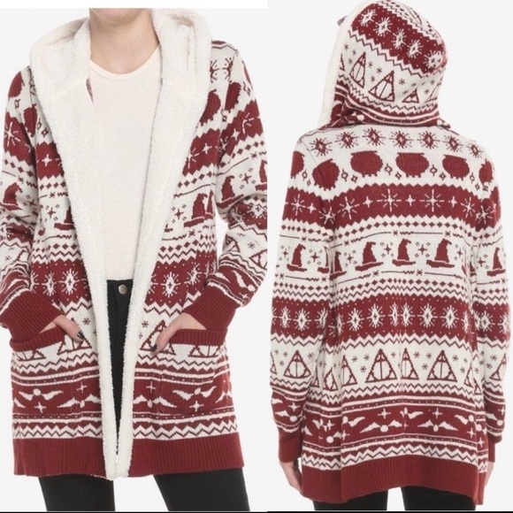 Harry Potter Fair Isle Sherpa Hooded Open Cardigan - Picture 1 of 16